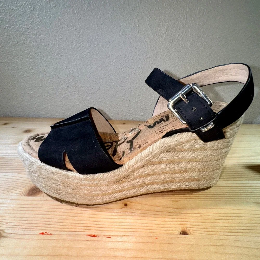 Sam Edelman Espadrille Platform‎ Wedge Sandals Black Leather Size 9.5M